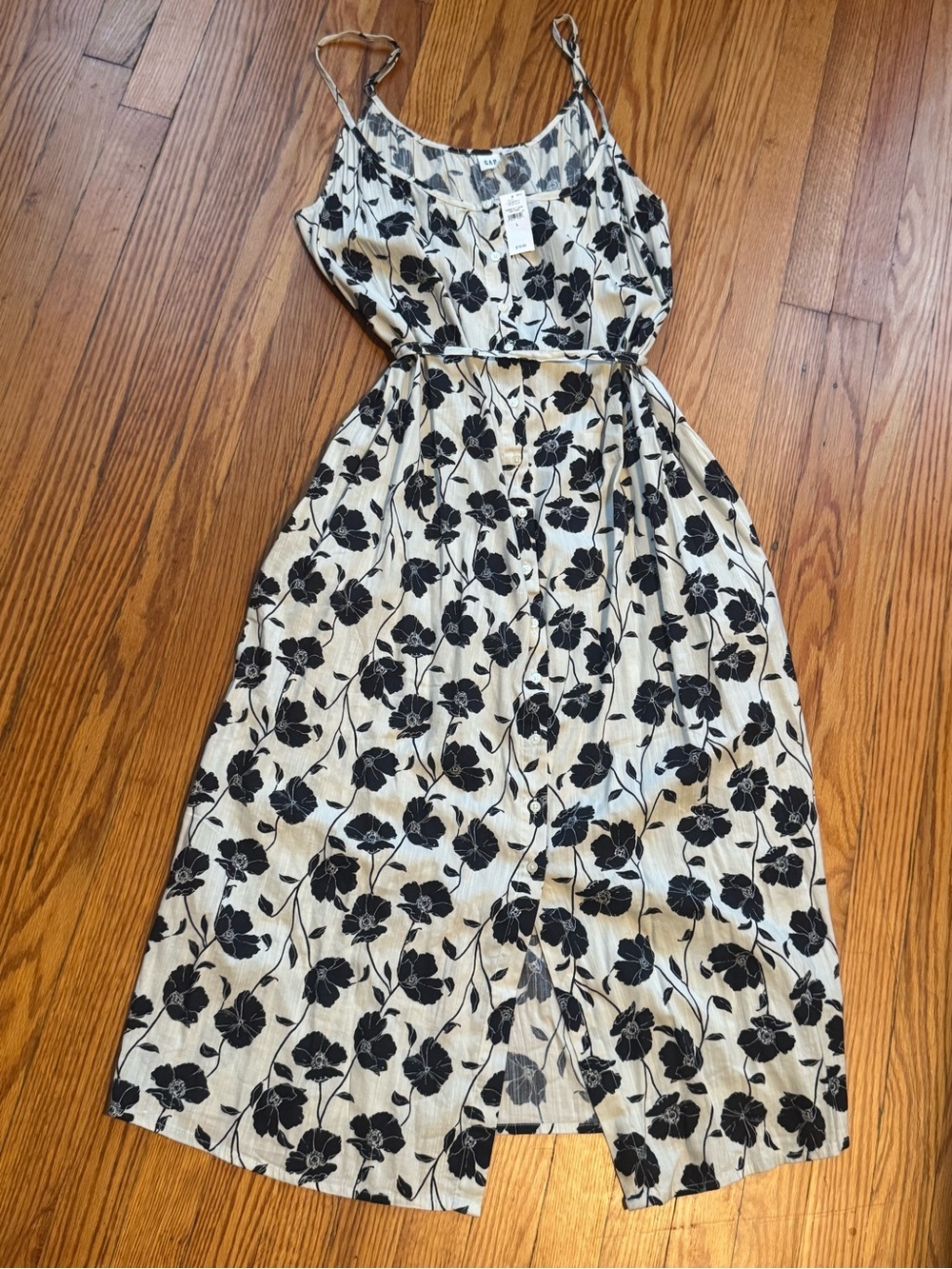 Gap Large Sleeveless Black Floral Print Midi Dress in Cream New